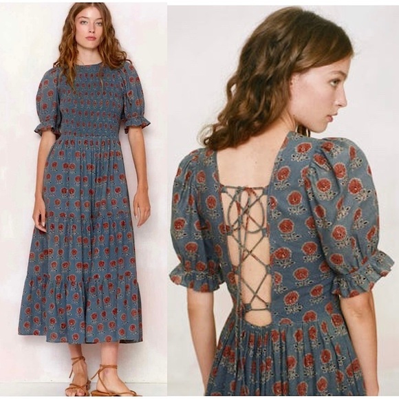 Christy Dawn Dresses & Skirts - NWT CHRISTY DAWN Floral Puffed Sleeve Smocked Lace Up Back Ruffle Tiered Dress S